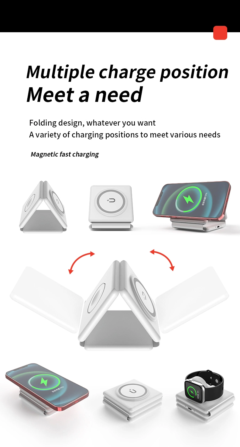 Foldable 3 in 1 Wireless Magnetic Charging Station Stand 15W Fast Charging Pad Watch Mobile Phone Earphone Wireless Charger