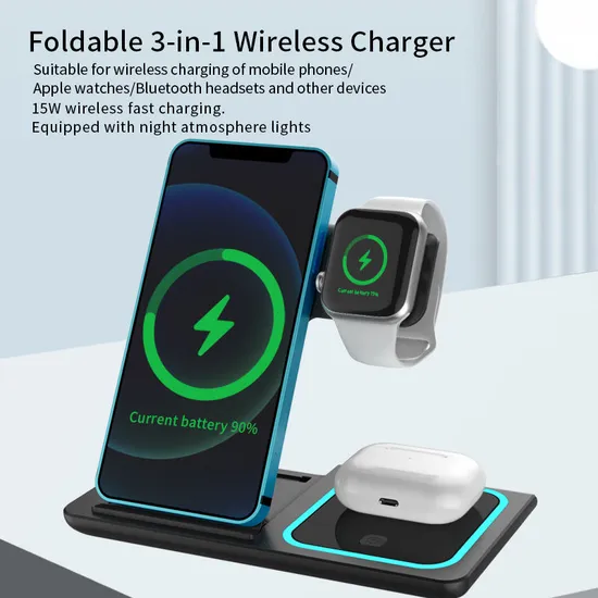 急速 15W 折りたたみ式充電 Qi 3 in 1 ワイヤレス電話 Qi ワイヤレス充電器スタンド